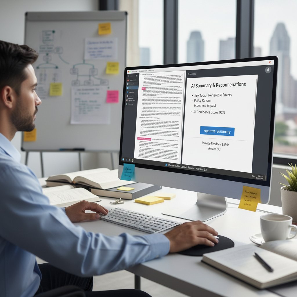 A professional reviewing AI-generated summaries with a skeptical expression, highlighting the human-in-the-loop challenge