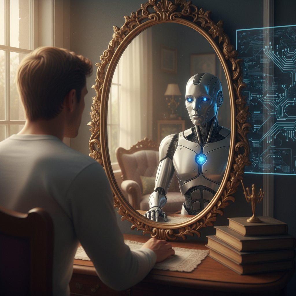 Człowiek patrzący w lustro, odbicie to humanoidalny robot