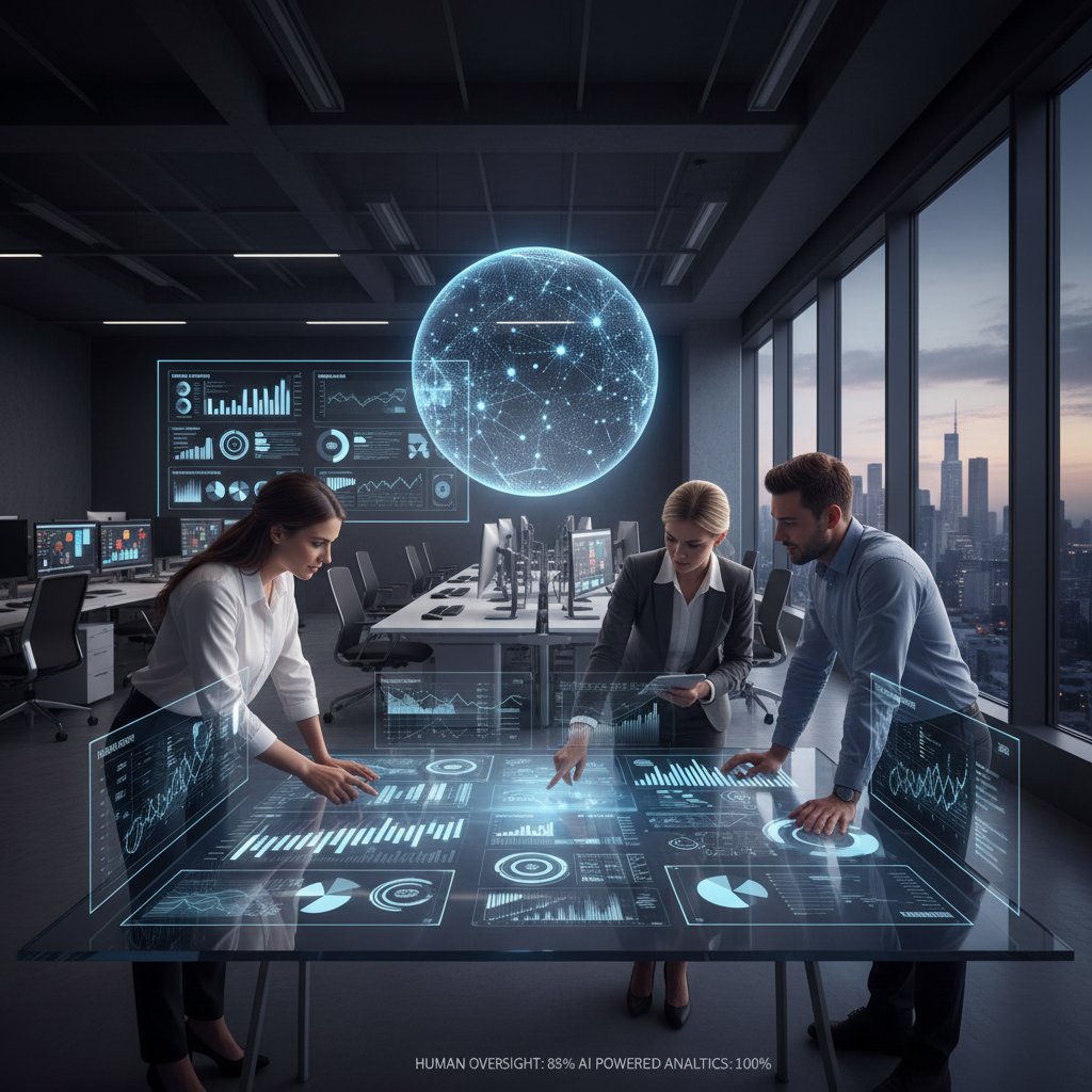 Human oversight in AI-powered analytics: two professionals debate in front of a digital assistant in a high-tech office