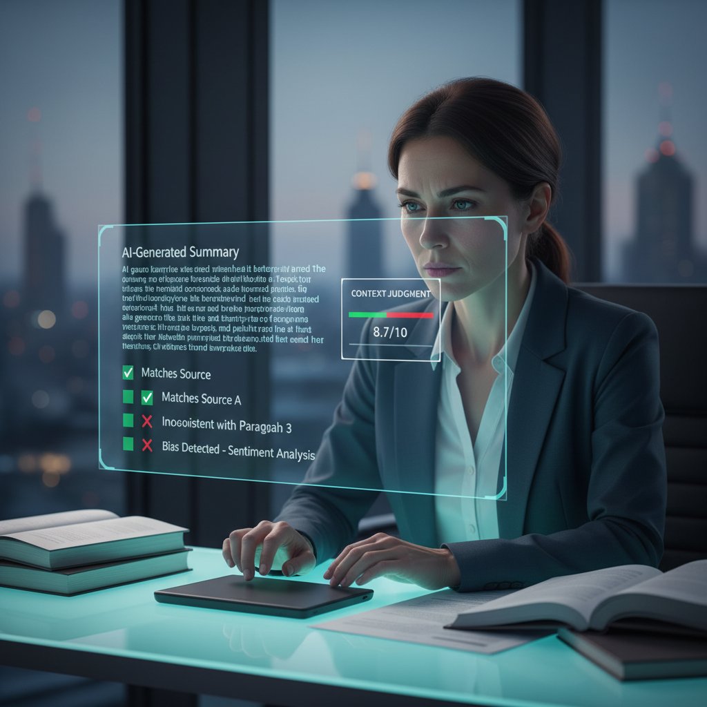 Human reviewing AI-generated summary, emphasizing the need for judgment in document summarization