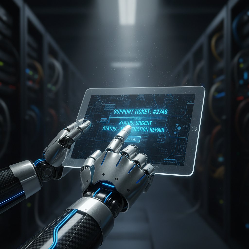 Human hand and robotic hand reaching for the same support ticket, dramatic lighting, 16:9, AI-powered help desk ethics