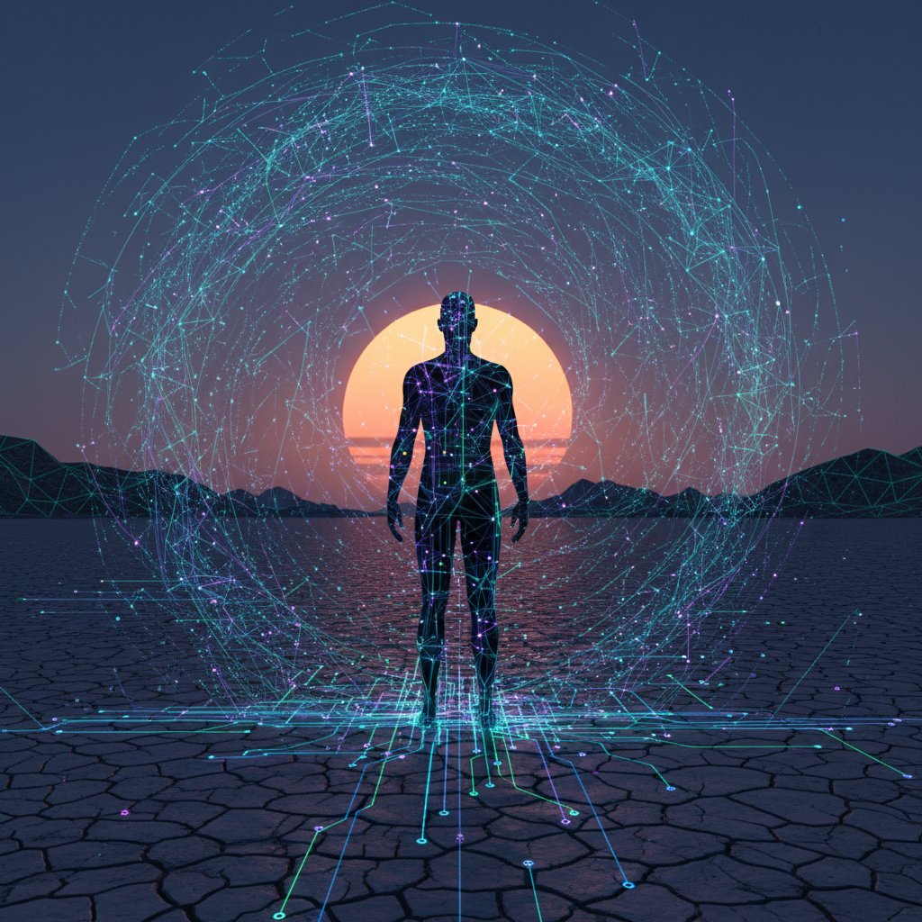 Human silhouette overshadowed by glowing AI neural patterns, illustrating the psychological impact of document summarizer for simplified workflow