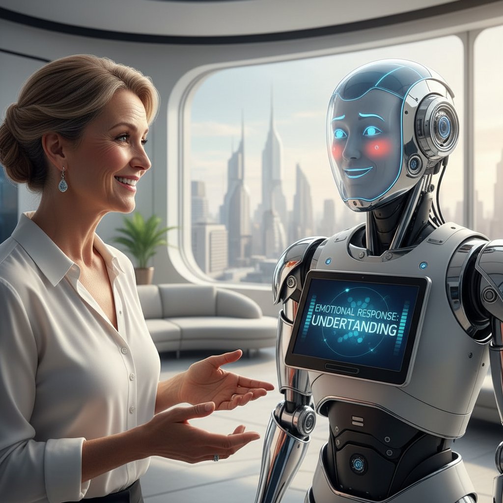 Człowiek rozmawiający z robotem, oboje pokazujący różne emocje