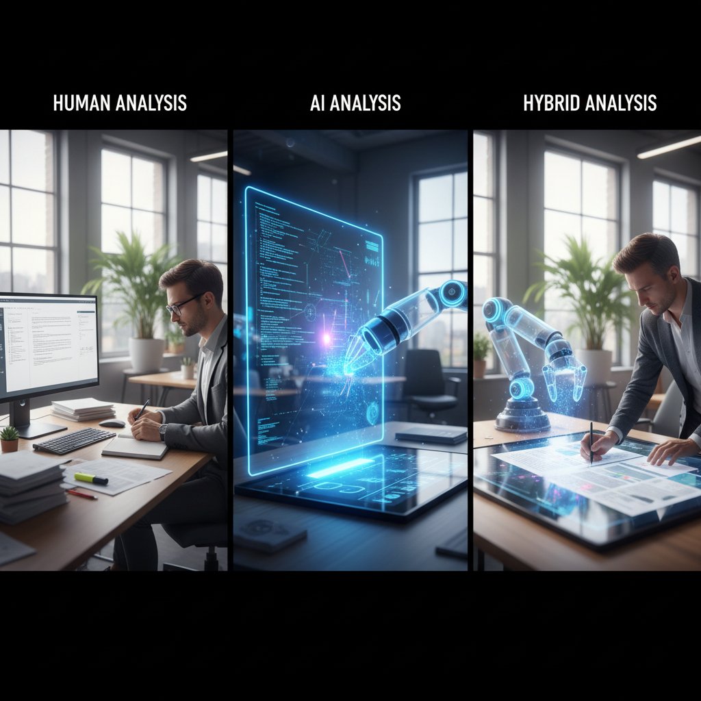 Three professionals (human, AI robot, hybrid team) analyzing documents side by side in modern office, representing different summarization methods