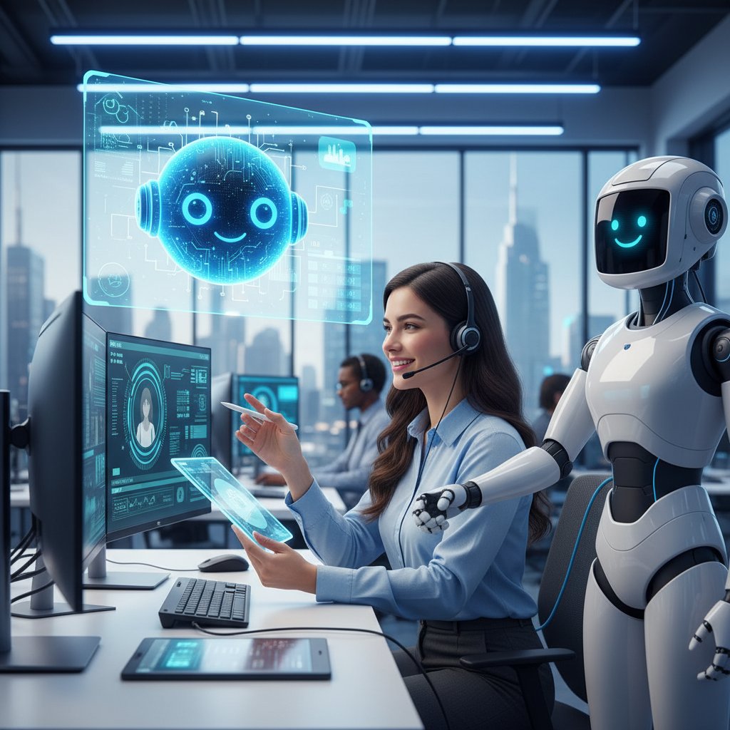 Pracownik sklepu i cyfrowy bot współpracujący przy obsłudze klienta