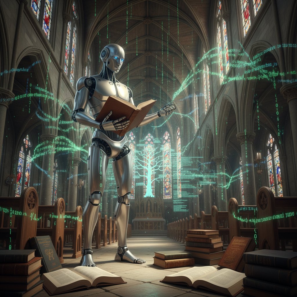 Humanoid robot analizujący książki filozoficzne w gotyckiej katedrze z widocznym kodem na twarzy