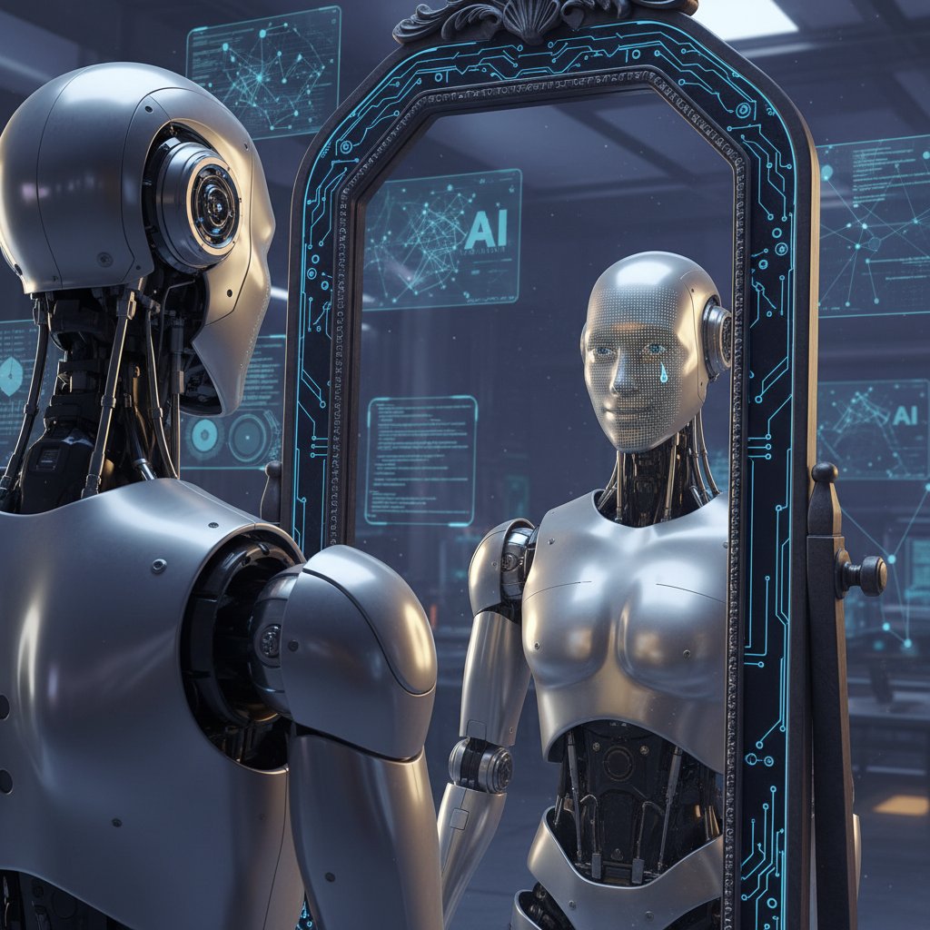 Robot humanoidalny patrzący w lustro, AI, neurony lustrzane, emocje