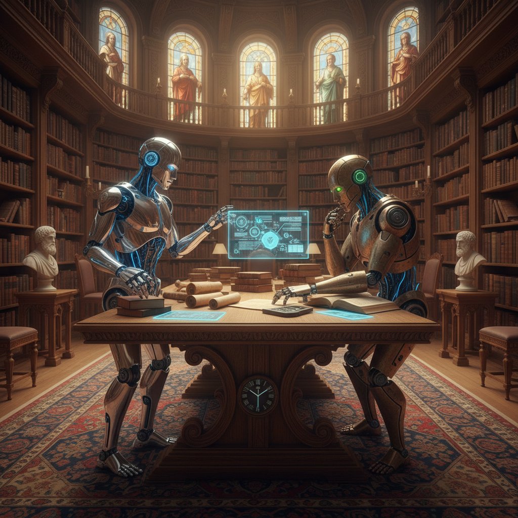 Humanoidalny robot i filozof prowadzący filozoficzną debatę w bibliotece – symbol współpracy AI i człowieka