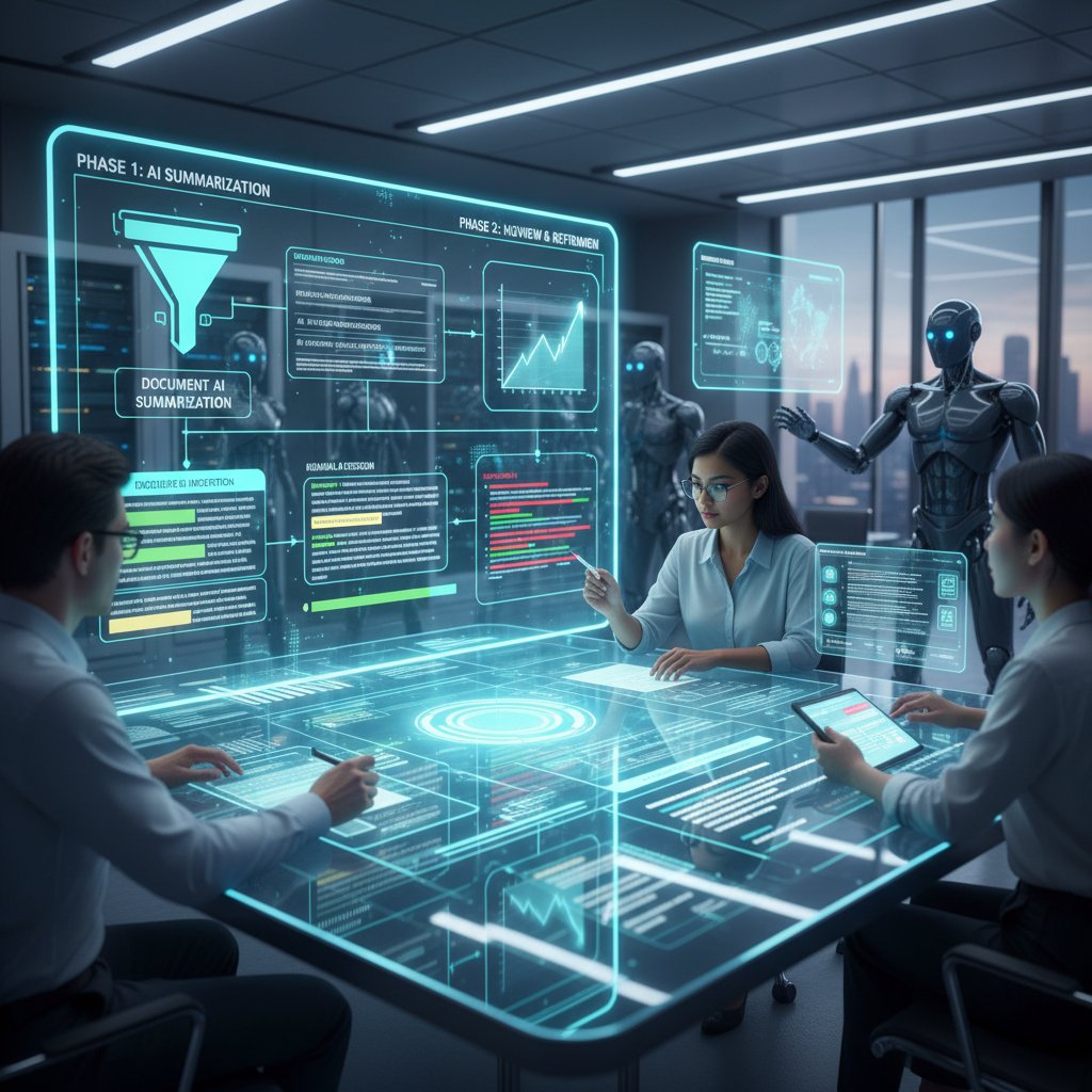 Professional team collaborating with AI, reviewing document summaries together at a conference table