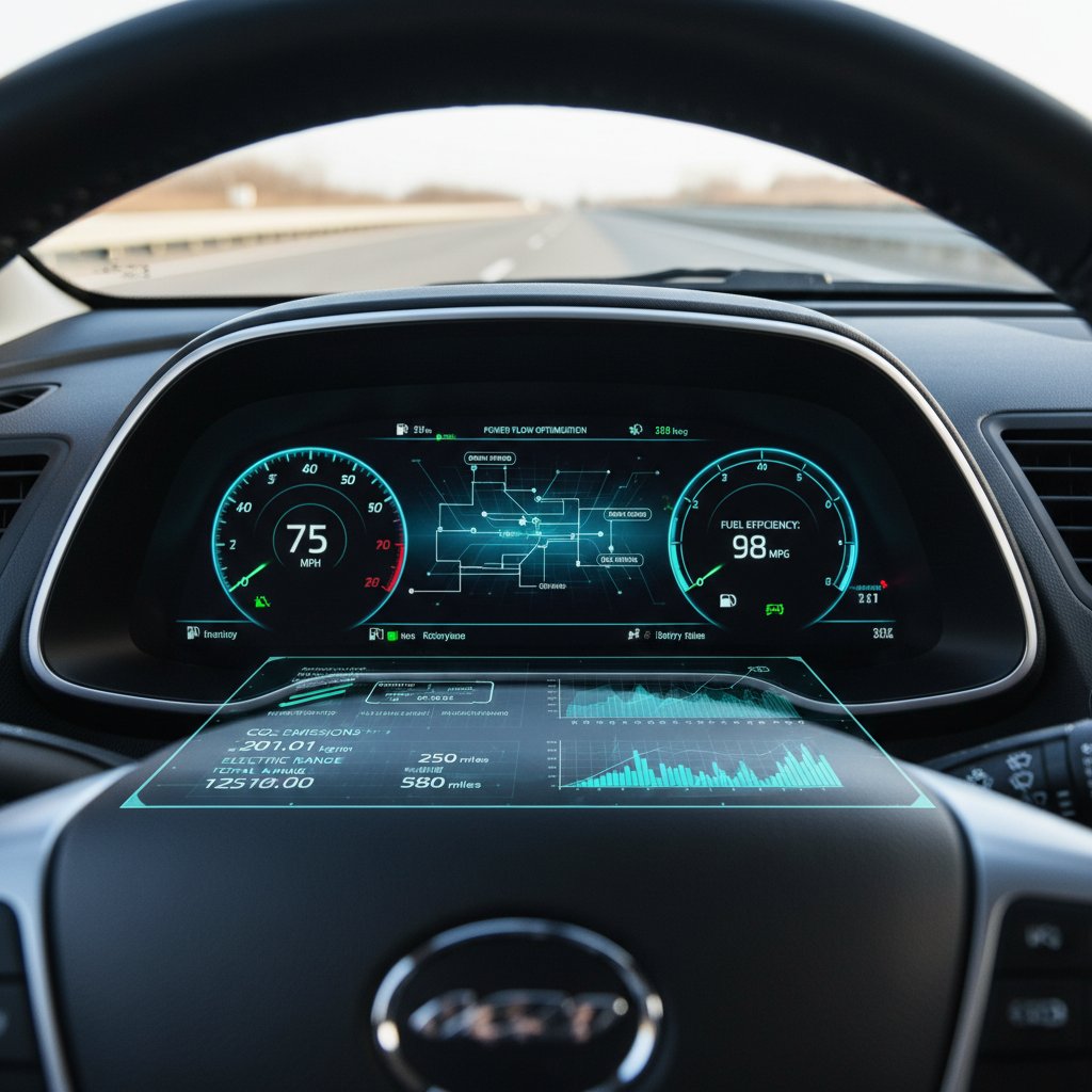 Hybrid car dashboard showing AI-assisted efficiency: photo of modern dashboard with data overlays and abstract algorithmic patterns