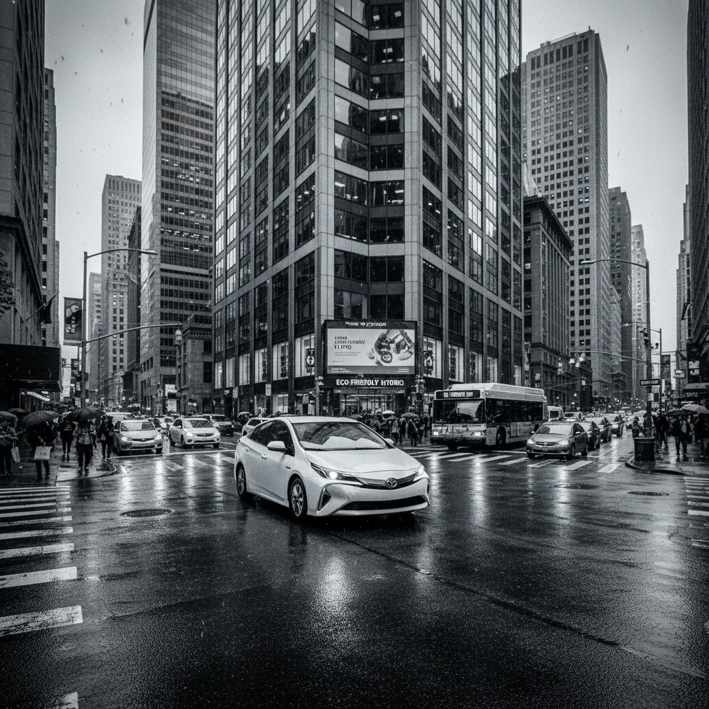 A hybrid car parked in an urban setting, photojournalistic style, car choice made easy