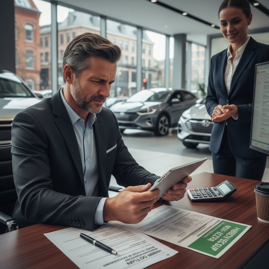 Hybrid car buyer calculating total costs at dealership, intense expression, calculator in hand, dealership background