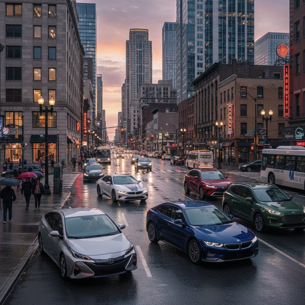Multiple 2024 hybrid cars side by side on city street, dusk, gritty urban background