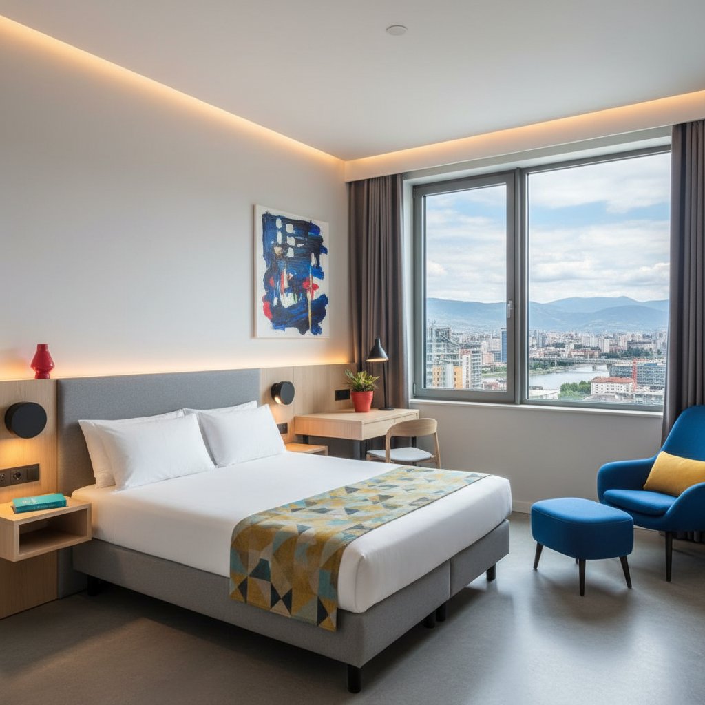 Sleek ibis hotel room with minimalist design and city view in a modern ibis hotel