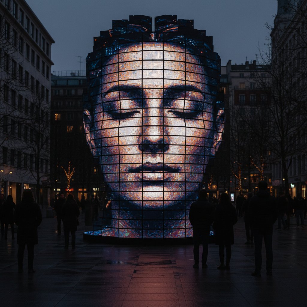 Abstract image of countless illuminated screens forming a mosaic portrait, dusk colors, contemplative mood, digital memorial quotes