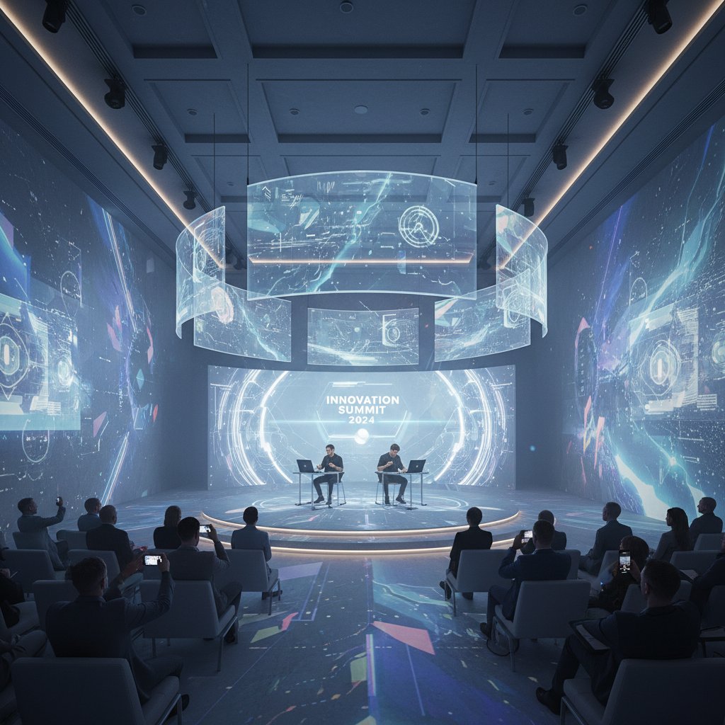 Immersive conference space with projection mapping and live-streamed art
