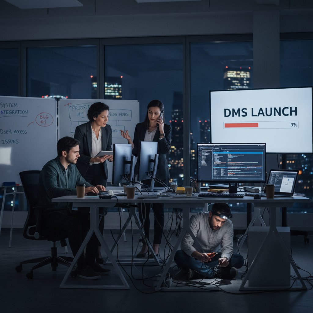 Photo of a tense implementation team at work, troubleshooting a document management system launch
