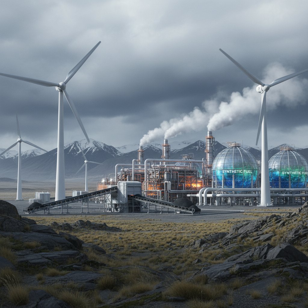 Industrial synthetic fuel plant in windswept Patagonia, dramatic clouds