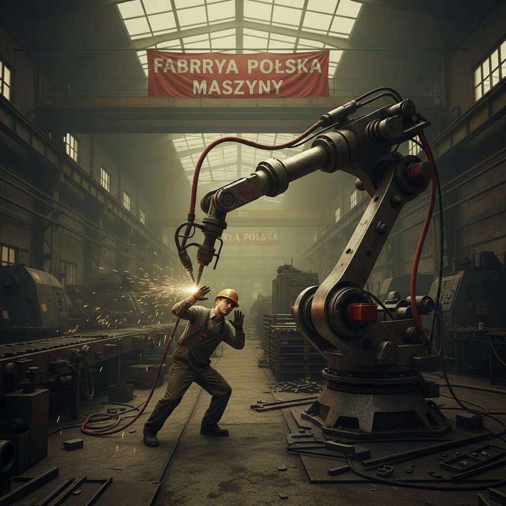 Nowoczesny robot przemysłowy współpracujący z człowiekiem w polskiej fabryce, światło fabryczne, kontrast