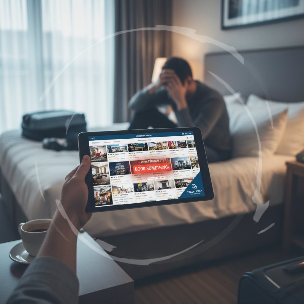 A traveler closing a laptop in frustration with endless hotel listings on screen—keywords: infinite scroll, hotel booking fatigue, travel technology