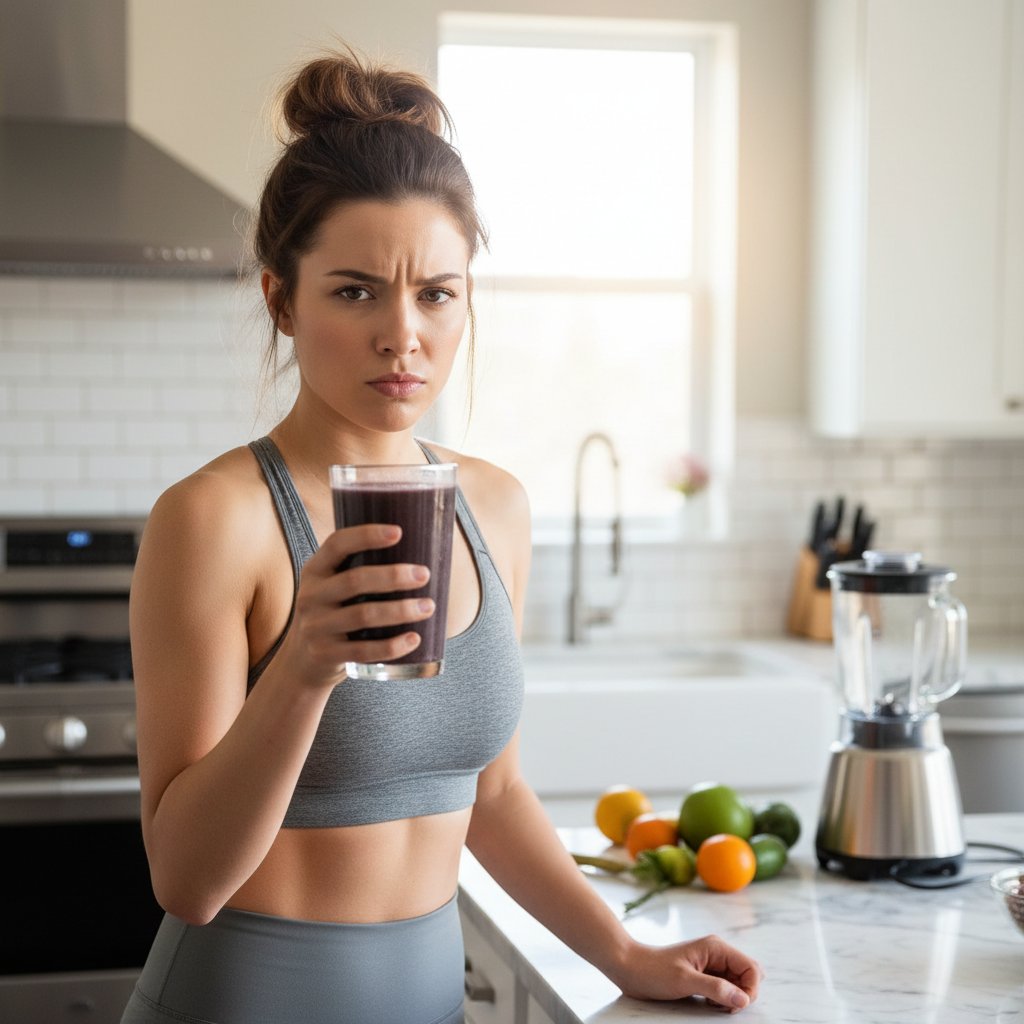 Influencer prezentująca czarną smoothie z węglem aktywnym, sceptyczna mina