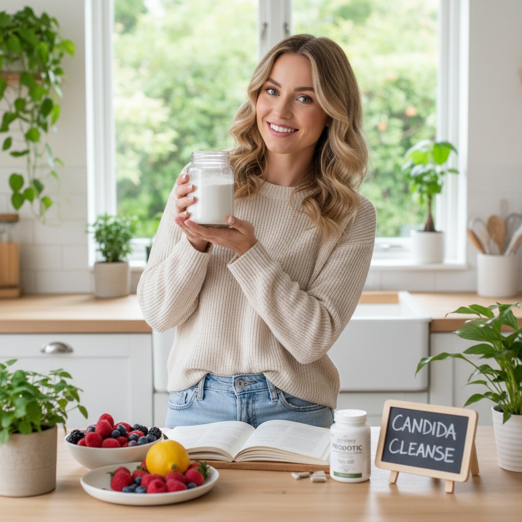 Influencer prezentujący suplementy w kuchni, candida