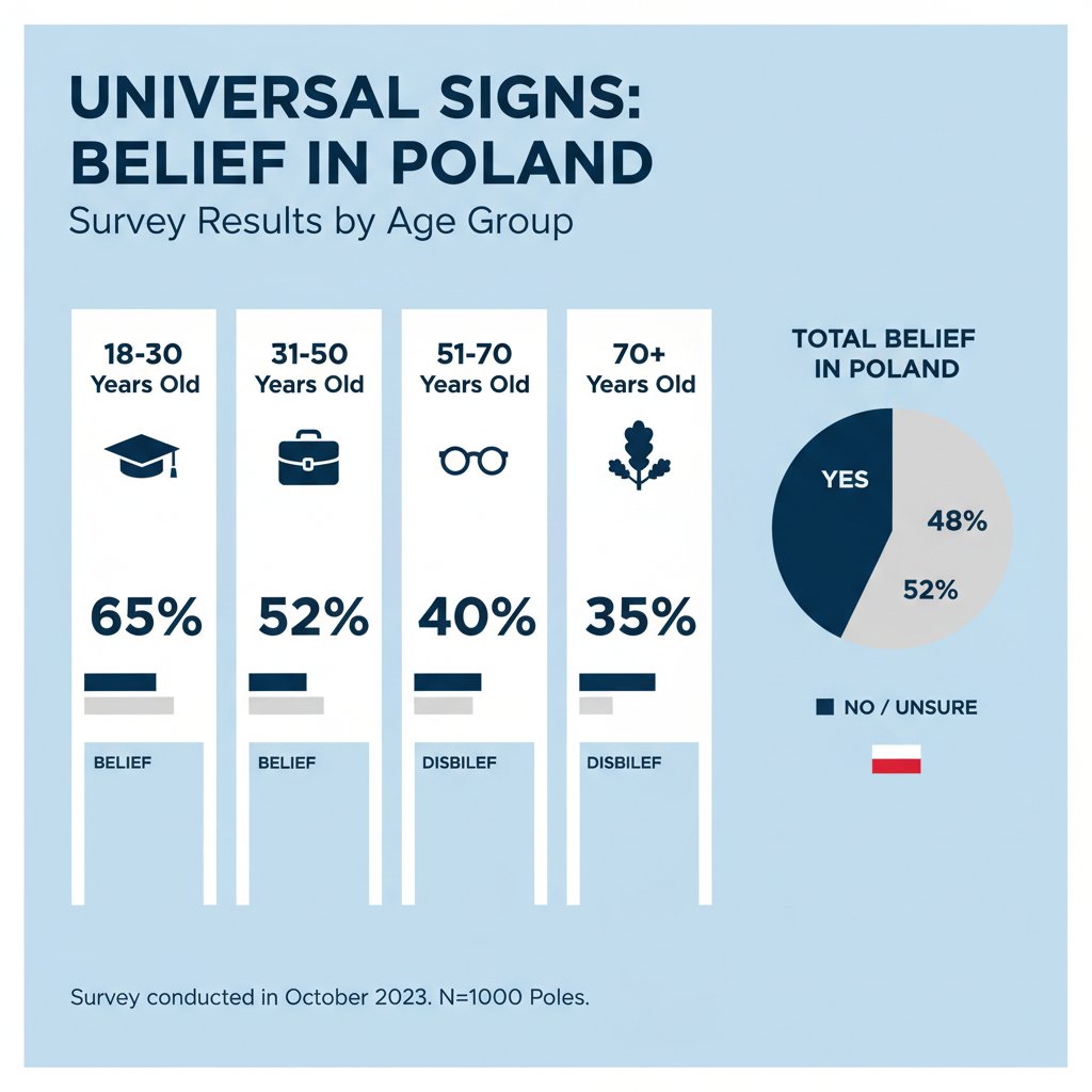 Infografika wiary w znaki od wszechświata w Polsce według grup wiekowych