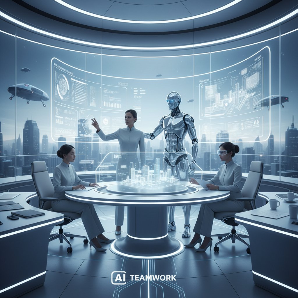 Information coordinator working with AI teammate at a futuristic office desk