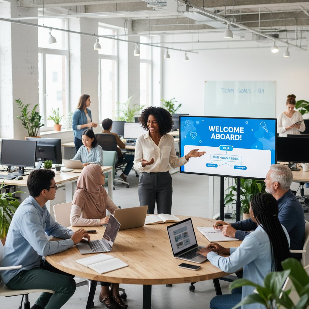 Information coordinator onboarding with diverse team in a collaborative office