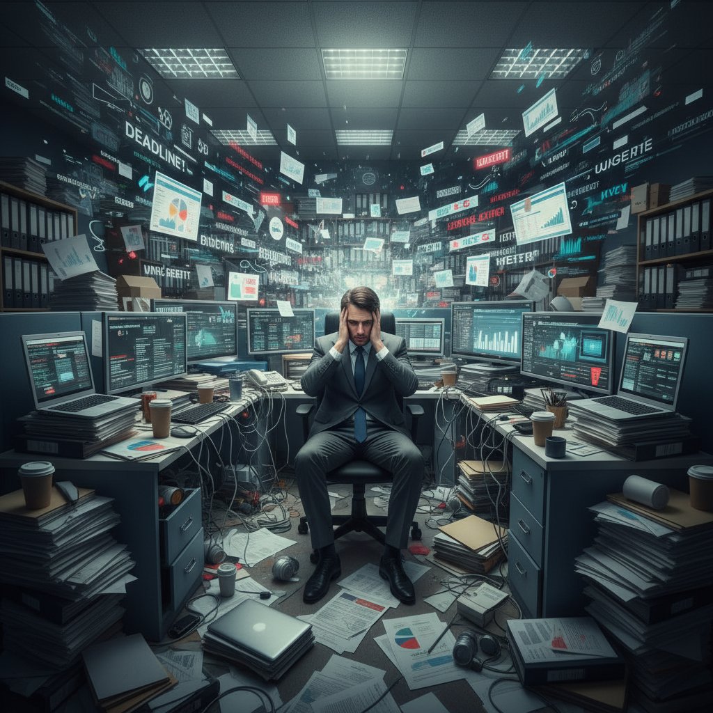 Overwhelmed business professional surrounded by piles of paperwork and digital screens showing instant summaries