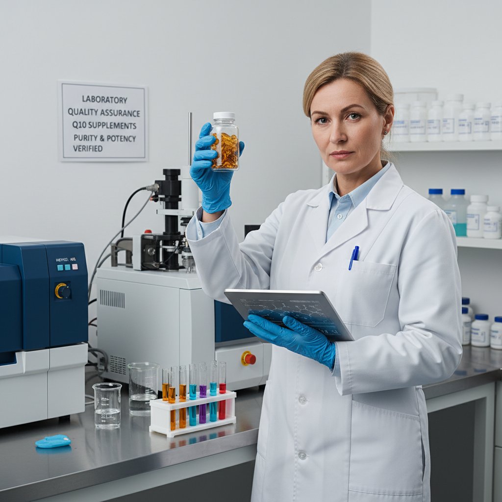 Zdjęcie inspektora kontroli jakości analizującego suplementy Q10 w laboratorium