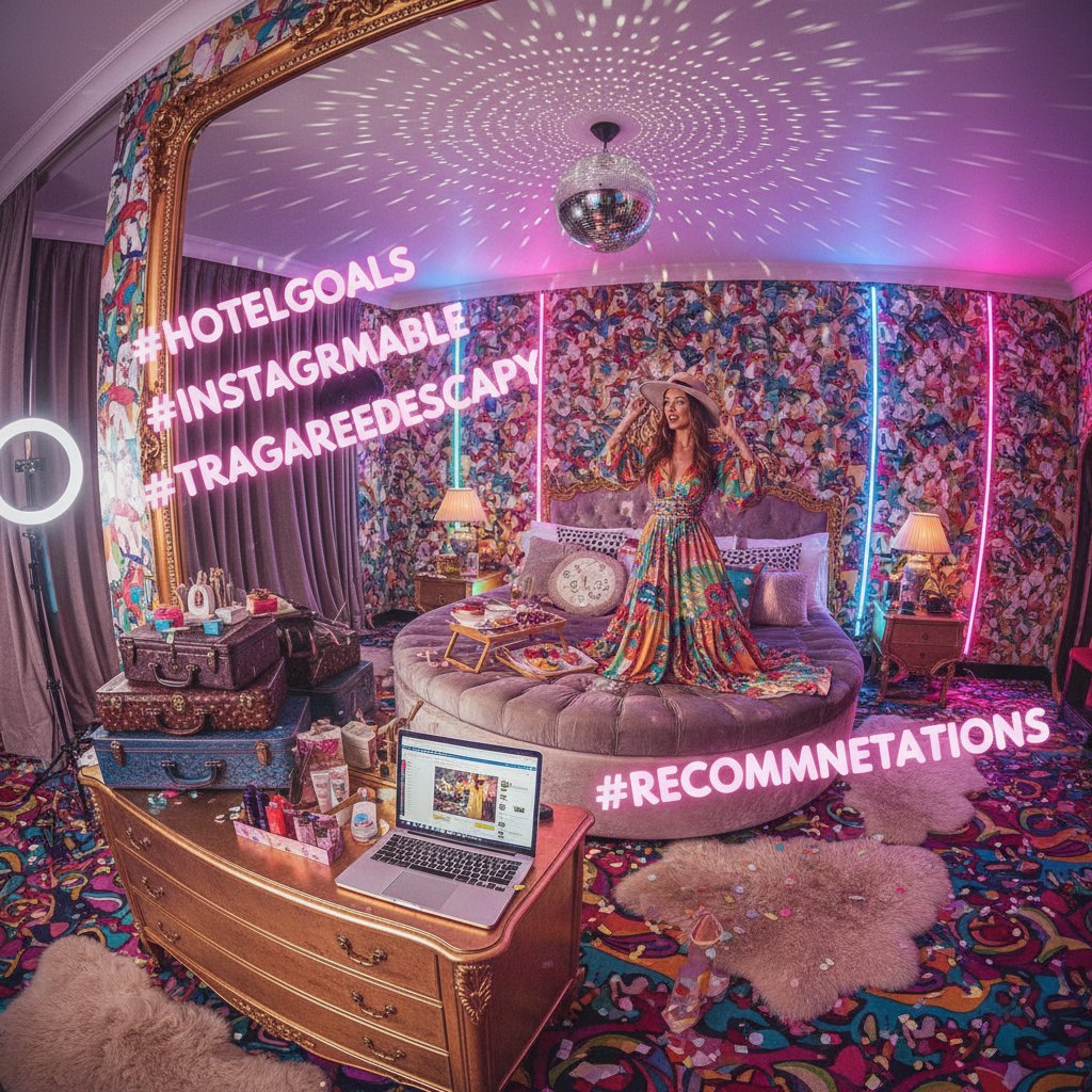 Instagram-ready hotel room with exaggerated decor and staged influencer props, perfect for showcasing the influencer-industrial complex in hotel recommendations