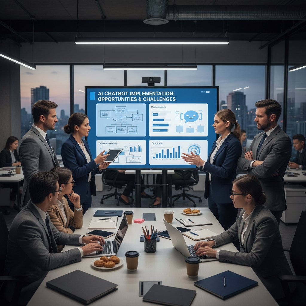 Insurance office scene with staff debating AI chatbot implementation