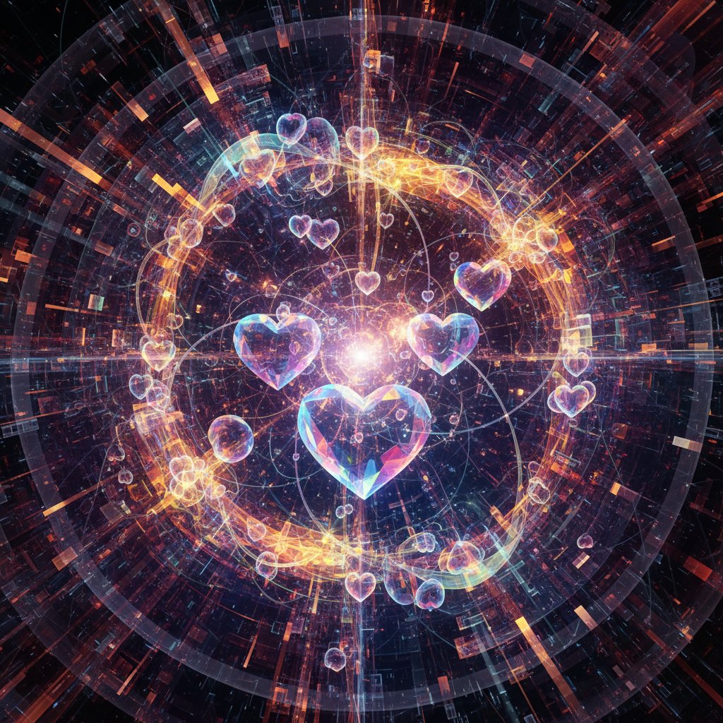Conceptual photo of interconnected digital hearts and brains in an abstract digital world, symbolizing technology and psychology in modern dating