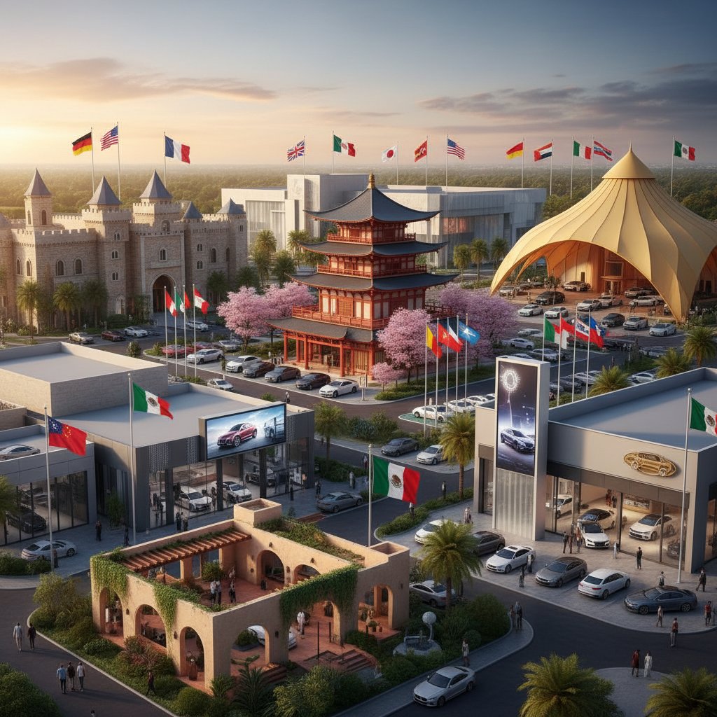 Montage of car dealerships from different countries, flags visible, emphasizing global lease negotiation styles