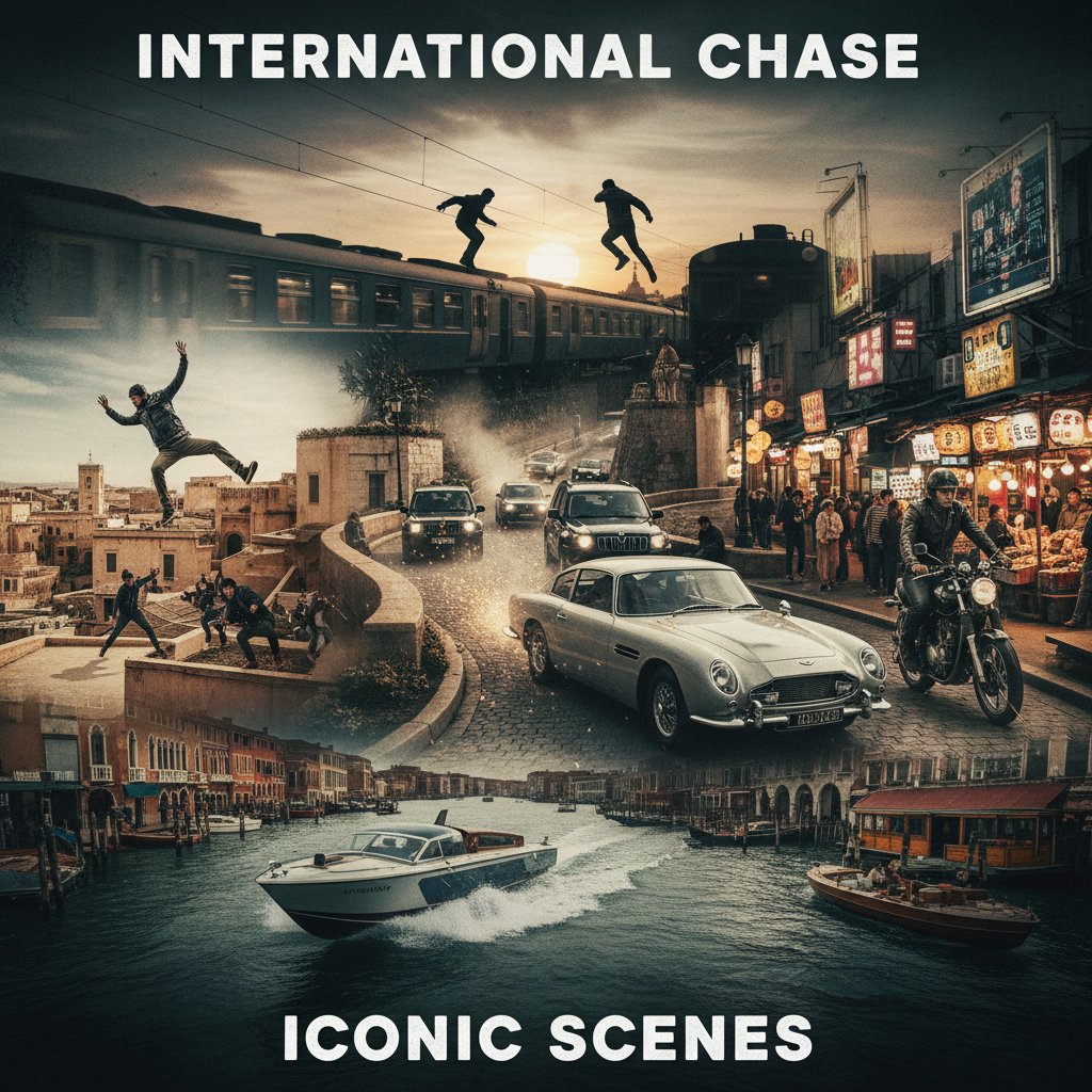 A montage-style image combining iconic chase scenes from international comedy movies