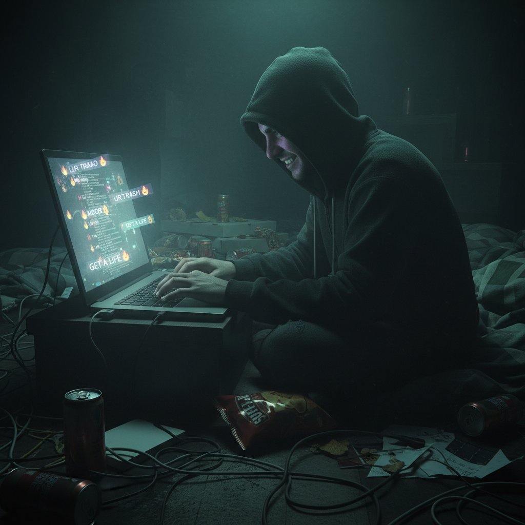Trollowanie w sieci jako zagrożenie dla rozmów online, ciemna scena z laptopem