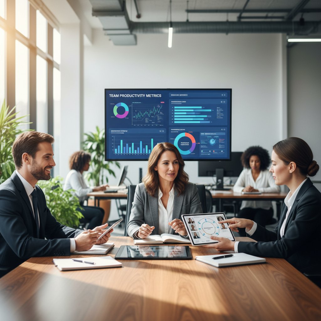 Interview scene with diverse candidates and digital assessments, modern workplace, focused discussions for hiring productivity coordinator.