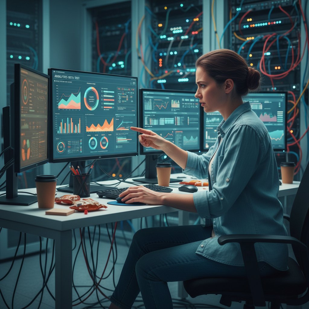 Administrator IT testujący nowe narzędzie analityczne na ekranie komputera