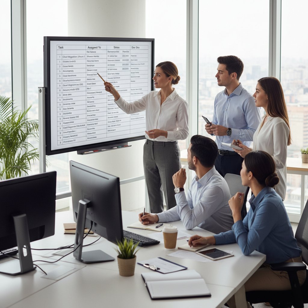 Lider IT sprawdzający checklistę wdrożenia projektu z zespołem