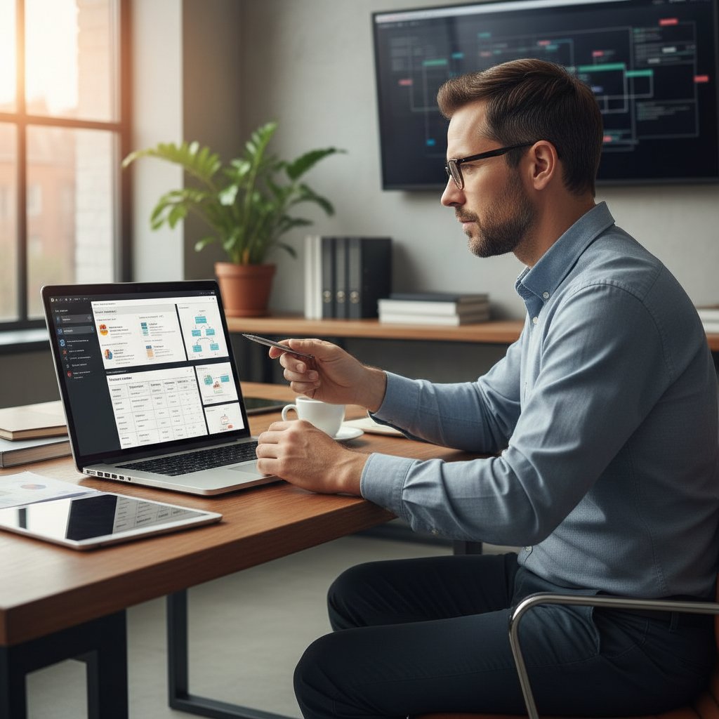 Kierownik IT analizujący oferty narzędzi do automatycznego raportowania na ekranie laptopa