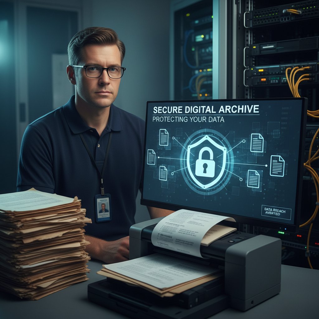 IT professional discovering a data breach in a secure digital archive, symbolizing the unexpected consequences of document digitization
