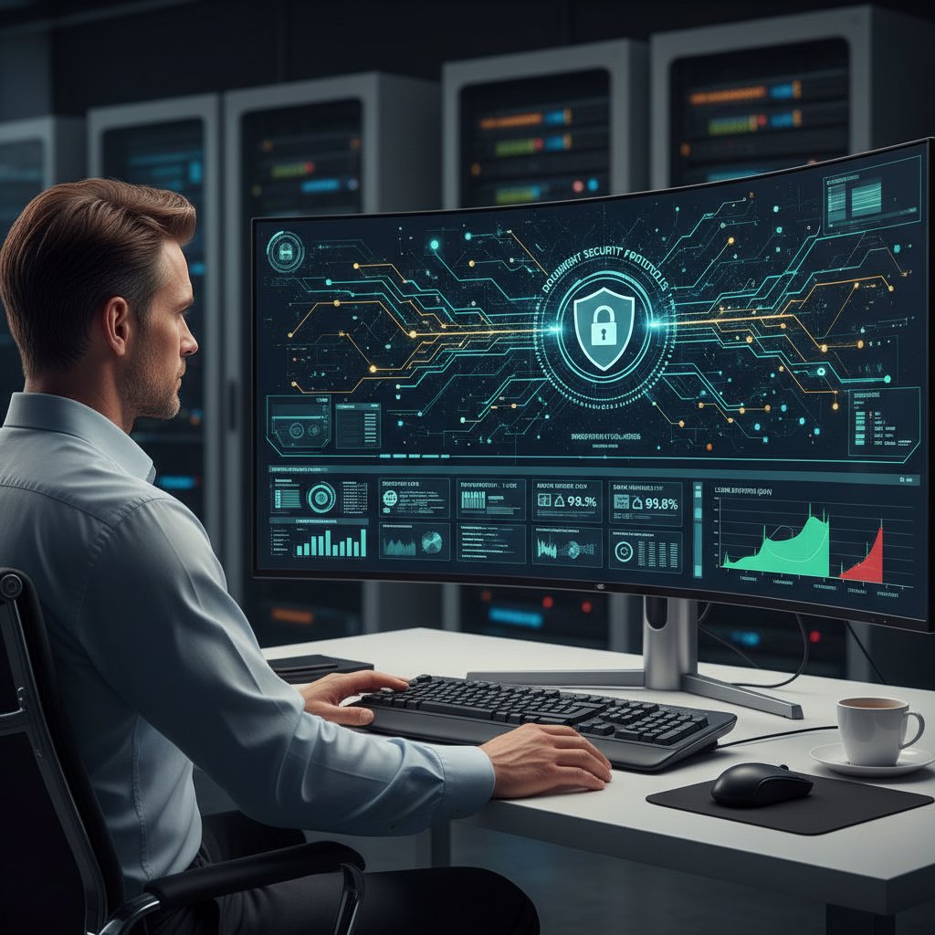 An IT professional reviewing security settings on a digital document management dashboard, illustrating privacy in scanning