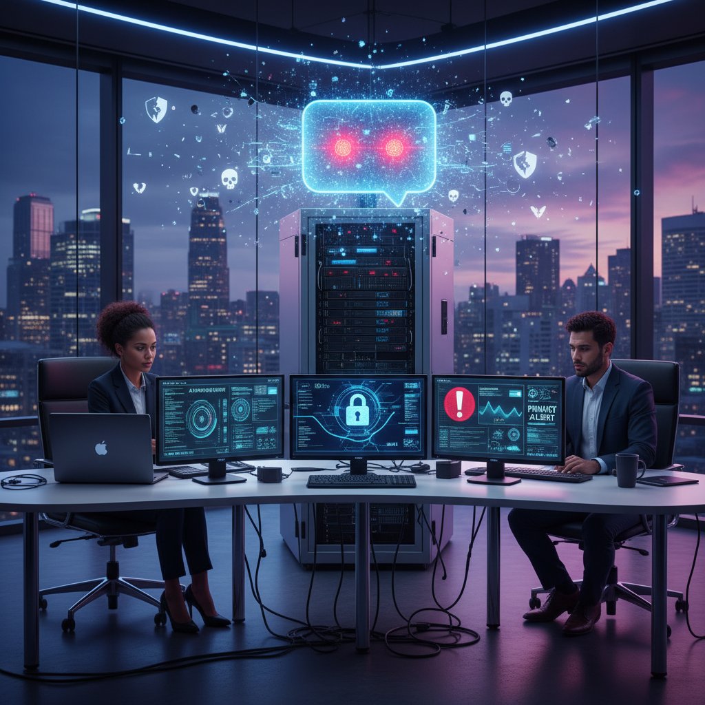IT security team monitoring AI chatbot security dashboards, highlighting risks of data privacy and algorithmic bias, high-tech environment