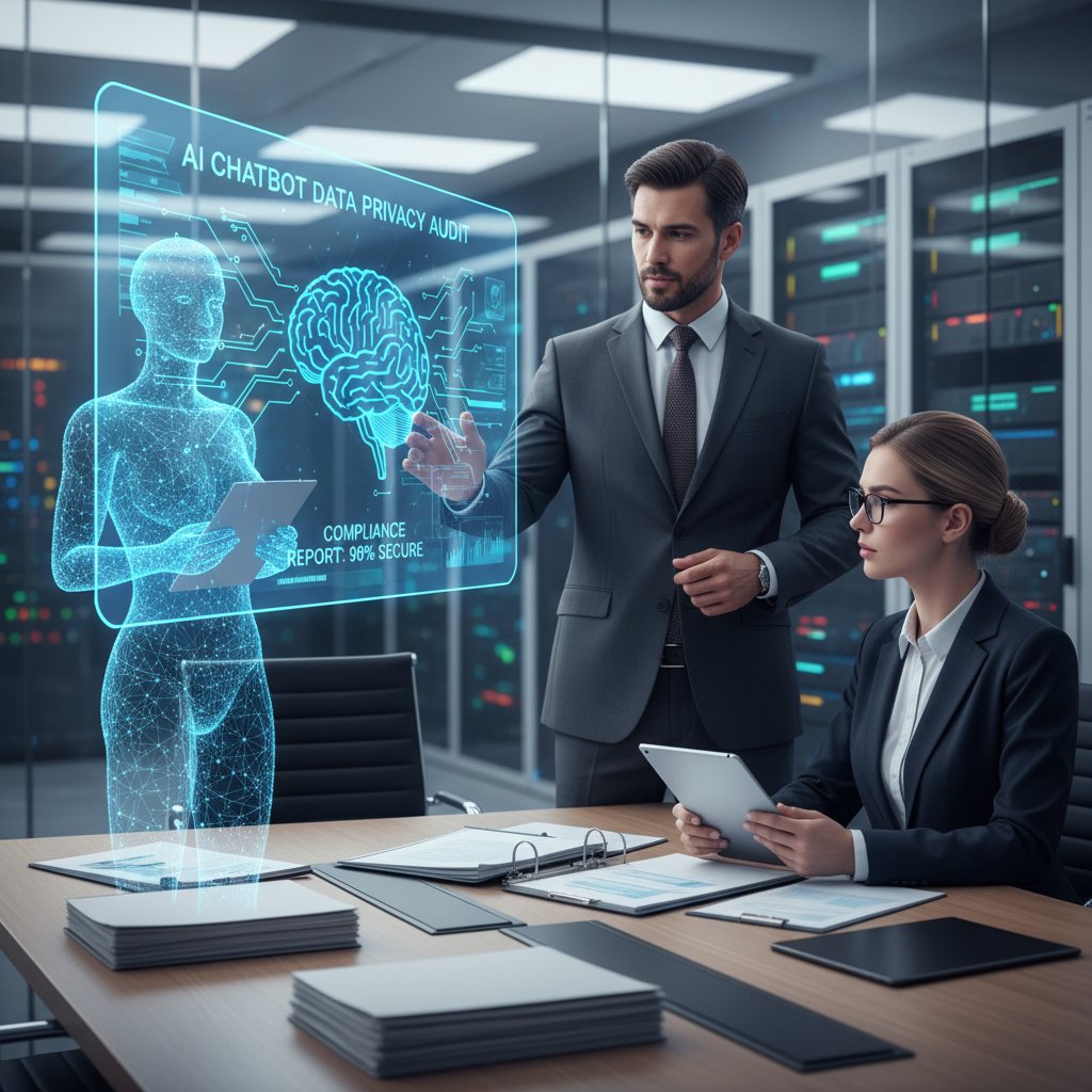 Photo of IT security officer auditing AI chatbot data privacy protocols on screens, focused atmosphere, office
