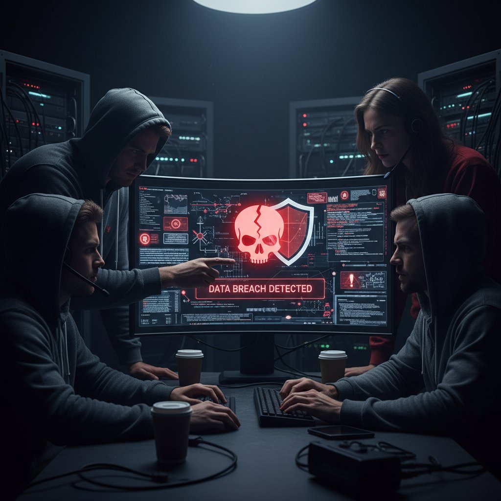Zespół IT monitorujący alerty bezpieczeństwa na ekranach