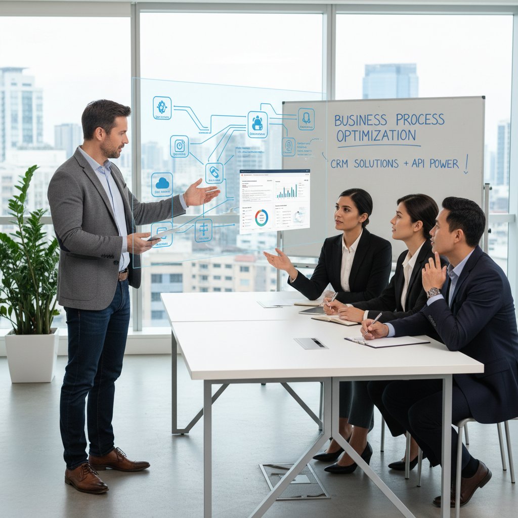 Specjalista IT łączący API CRM z doradcą biznesowym, na ekranie trudne integracje