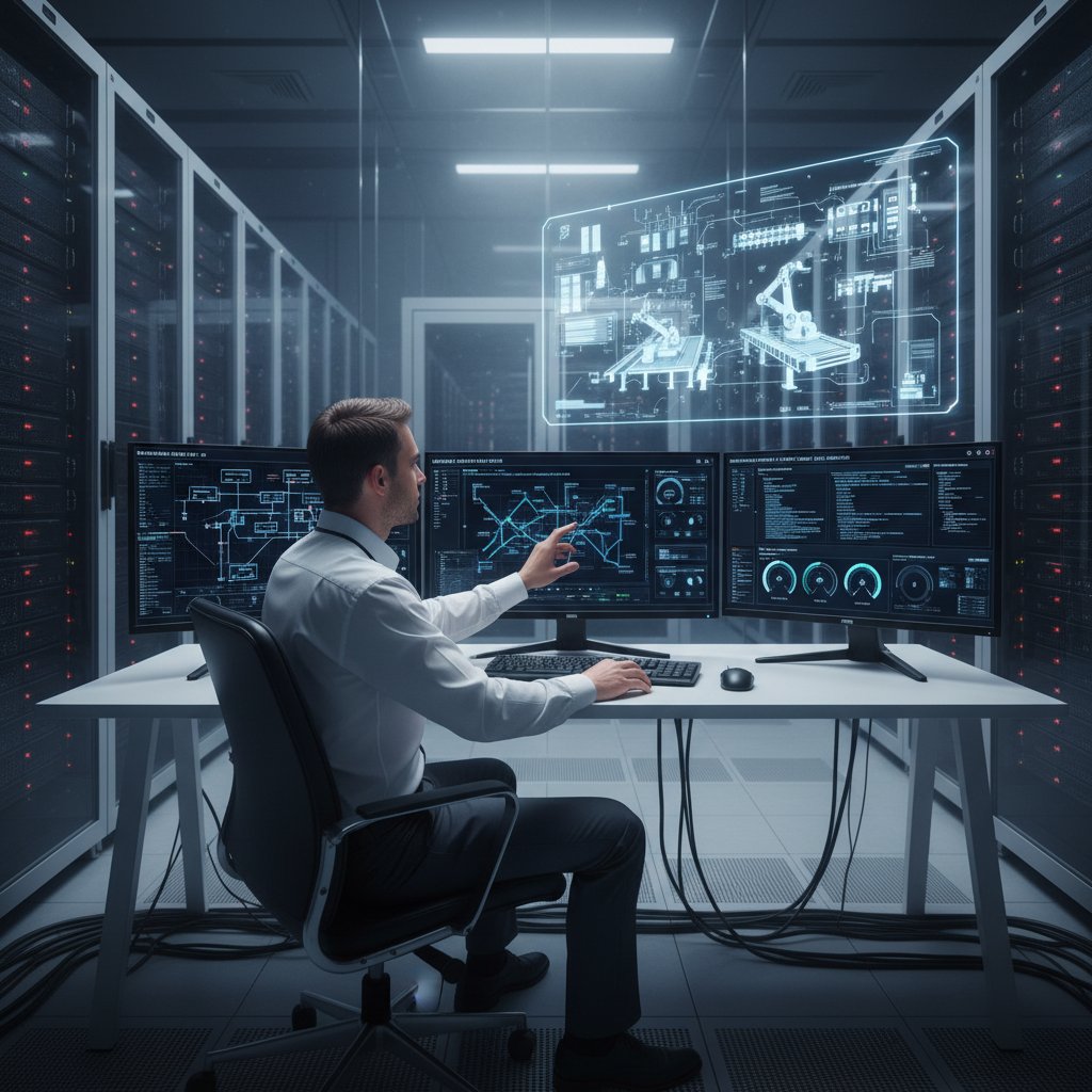 Specjalista IT monitorujący systemy automatycznej analizy na nowoczesnym pulpicie serwerowni