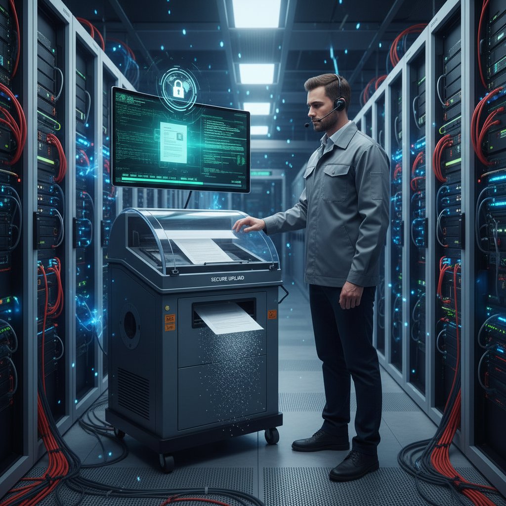 IT specialist working on secure document digitization methods in a data center