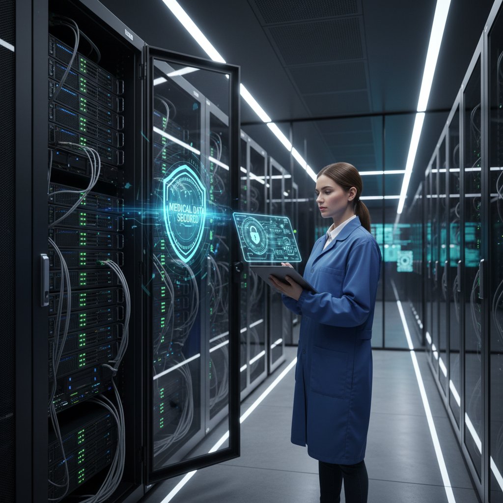 Informatyk pracujący przy serwerze, wizualizacja bezpieczeństwa danych medycznych